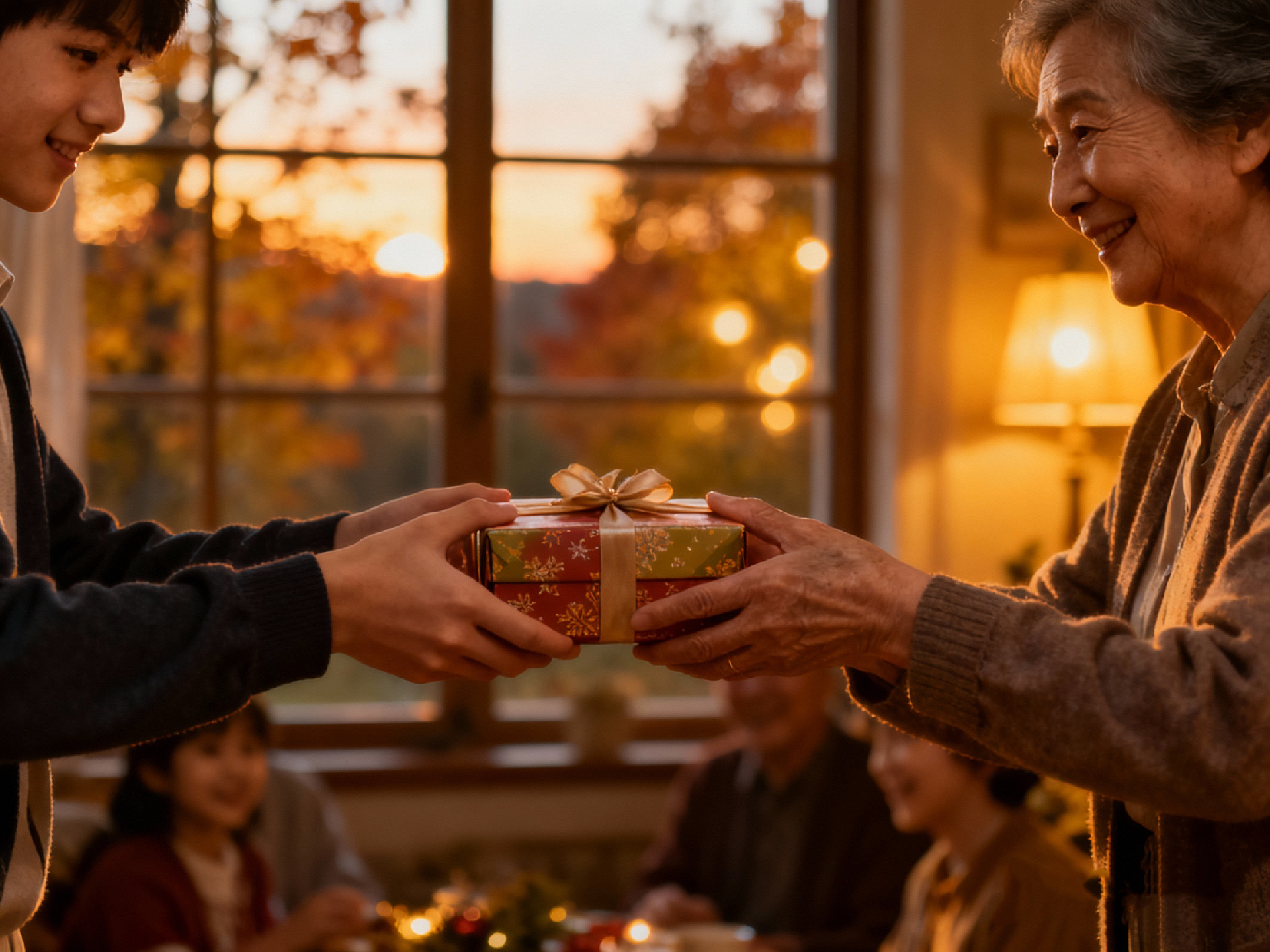 jimeng-2025-10-17-8781-温馨情感场景，一双年轻的手将一份精美的礼盒递给一双长辈的手，背景是秋日傍晚的窗景....png