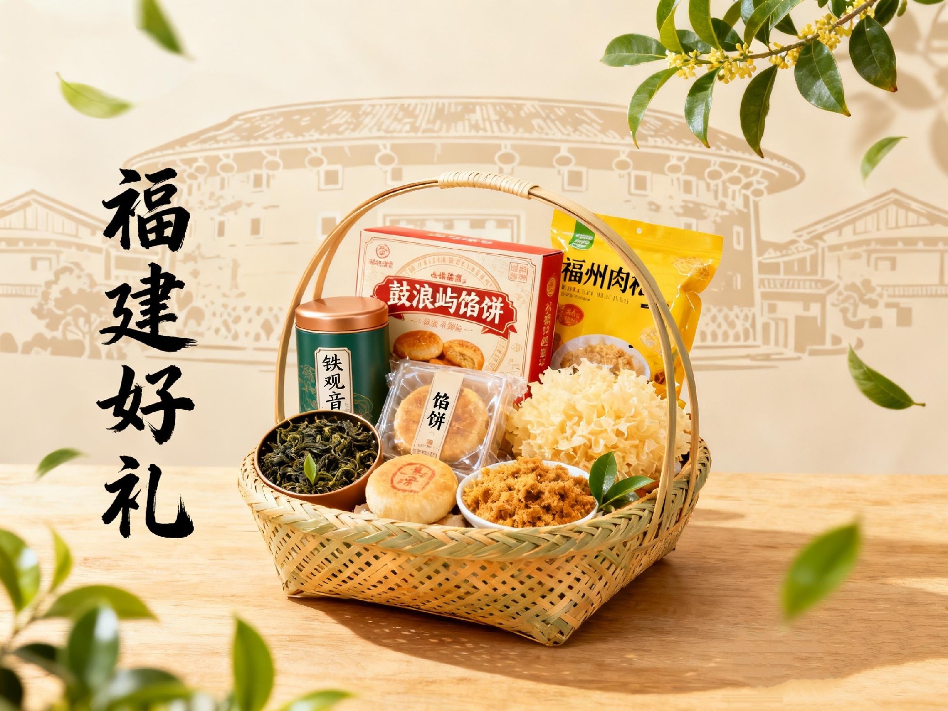 jimeng-2025-09-25-7719-温馨的国庆节送礼场景，特写：一个精美的竹编礼篮，里面装有福建特色礼品，如铁观音茶....jpg